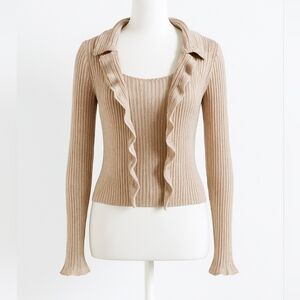 Veeca Small 90s Y2K Ribbed Beige Cardigan Tank Set with Ruffled Lettuce Hem Trim